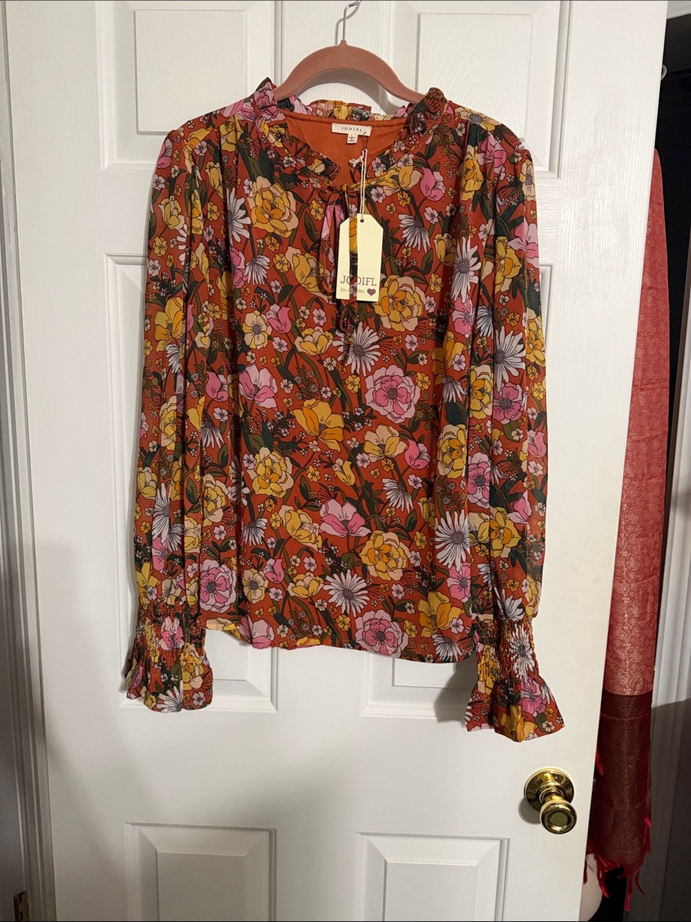 JODIFL Burnt Orange Floral Ruffle-Neck Long Sleeve Blouse